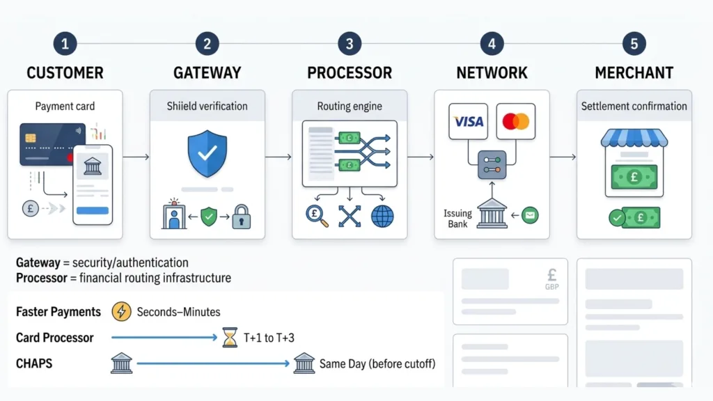 Payment processor role after payment gateway authorisation - card network connectivity and UK settlement timelines