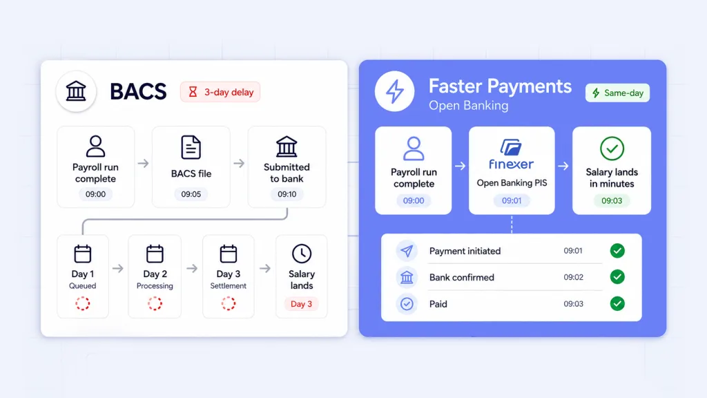 BACS versus Faster Payments salary disbursement - three day BACS versus same day Open Banking payroll payment