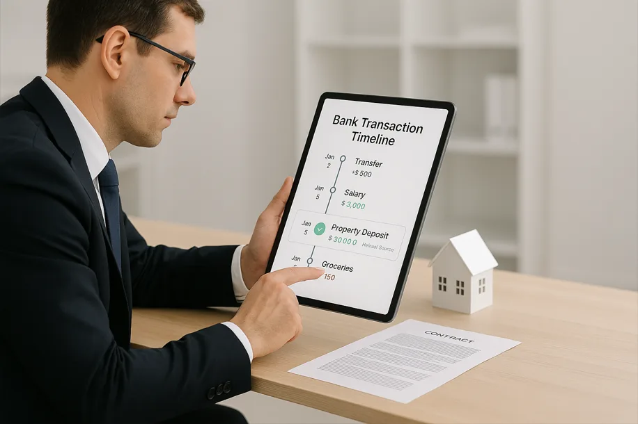 How Law Firms Use Open Banking: 8 Powerful Use Cases in 2025 3 A conveyancing solicitor analysing a bank transaction timeline on a tablet, showing a property deposit received from a verified source. Background includes legal documents and a house model on the desk, clean and minimalistic design.