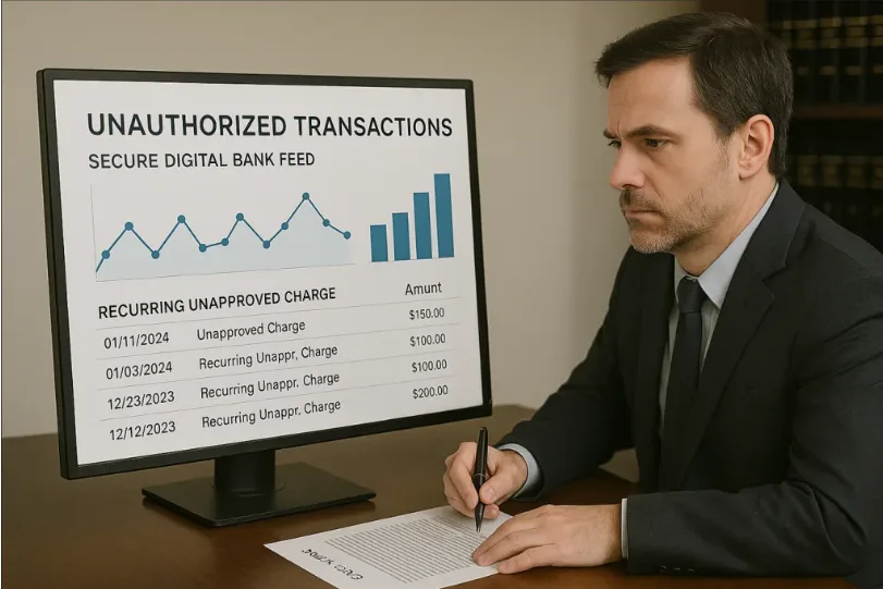 How Law Firms Use Open Banking: 8 Powerful Use Cases in 2025 5 A litigation solicitor reviewing unauthorised transactions on a secure digital bank feed, identifying recurring unapproved charges. Highlight financial data visualization, law firm setting, serious tone, clear case notes visible.