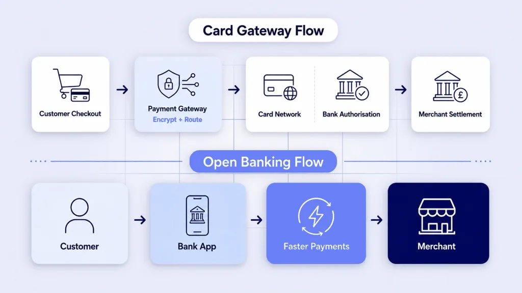 Best Payment Gateways UK 2026: 7 Top Providers Reviewed 3 How best payment gateways UK works - card gateway flow versus Open Banking Pay by Bank settlement diagram