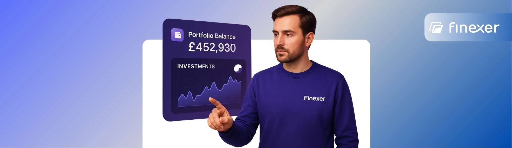 A young man in a dark blue Finexer-branded hoodie gestures toward a floating financial dashboard that displays an account balance of £25,750, broken down into stocks, bonds, and funds, with a pie chart and UI cards. The background is a clean purple gradient, and the Finexer logo appears in the bottom right, representing real-time portfolio insights enabled by Open Banking.