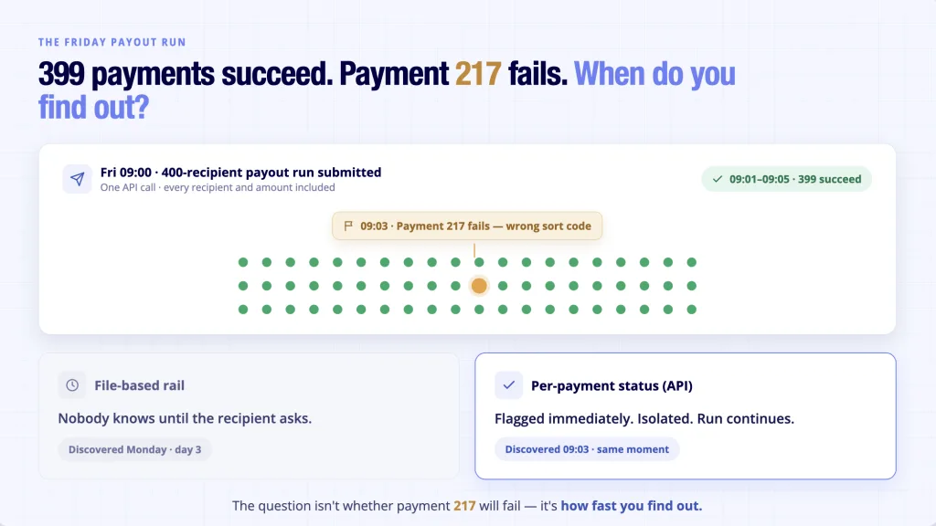Bulk Payments UK: A Buying Checklist for Platforms 3 Bulk payments 400-recipient payout run - payment 217 fails and per-payment status determines how fast it surfaces