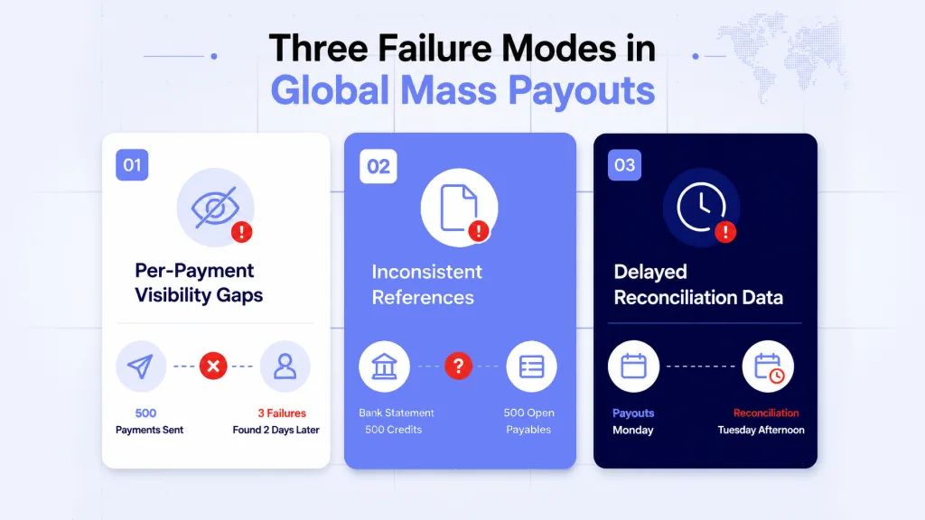 Three failure modes in global mass payout operations at scale - visibility gaps, inconsistent references, delayed data