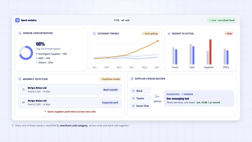 Spend analytics dashboard UK - vendor concentration category trends budget variance anomaly detection