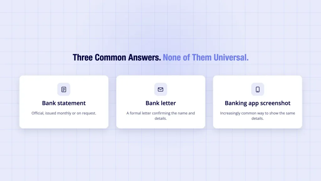 Proof of banking details shown as three commonly accepted UK document types today
