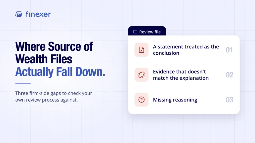 Source of wealth examples shown alongside three common evidence review failures today